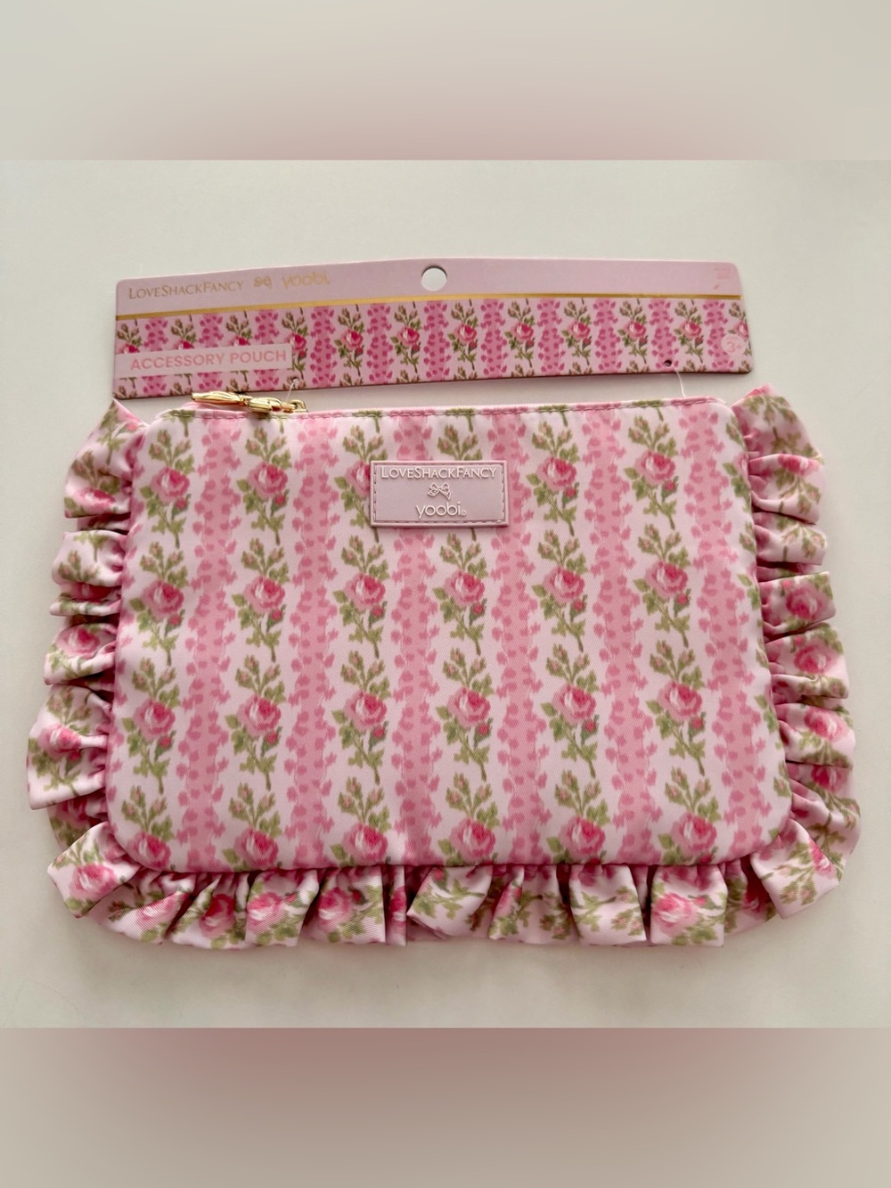 LoveShackFancy x Yoobi Pink Floral Ruffle Accessory Pouch with Gold Bow Zipper
